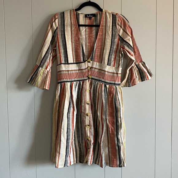 Lulu’s Cream Multi Striped Button-Front Dress - Picture 6 of 7